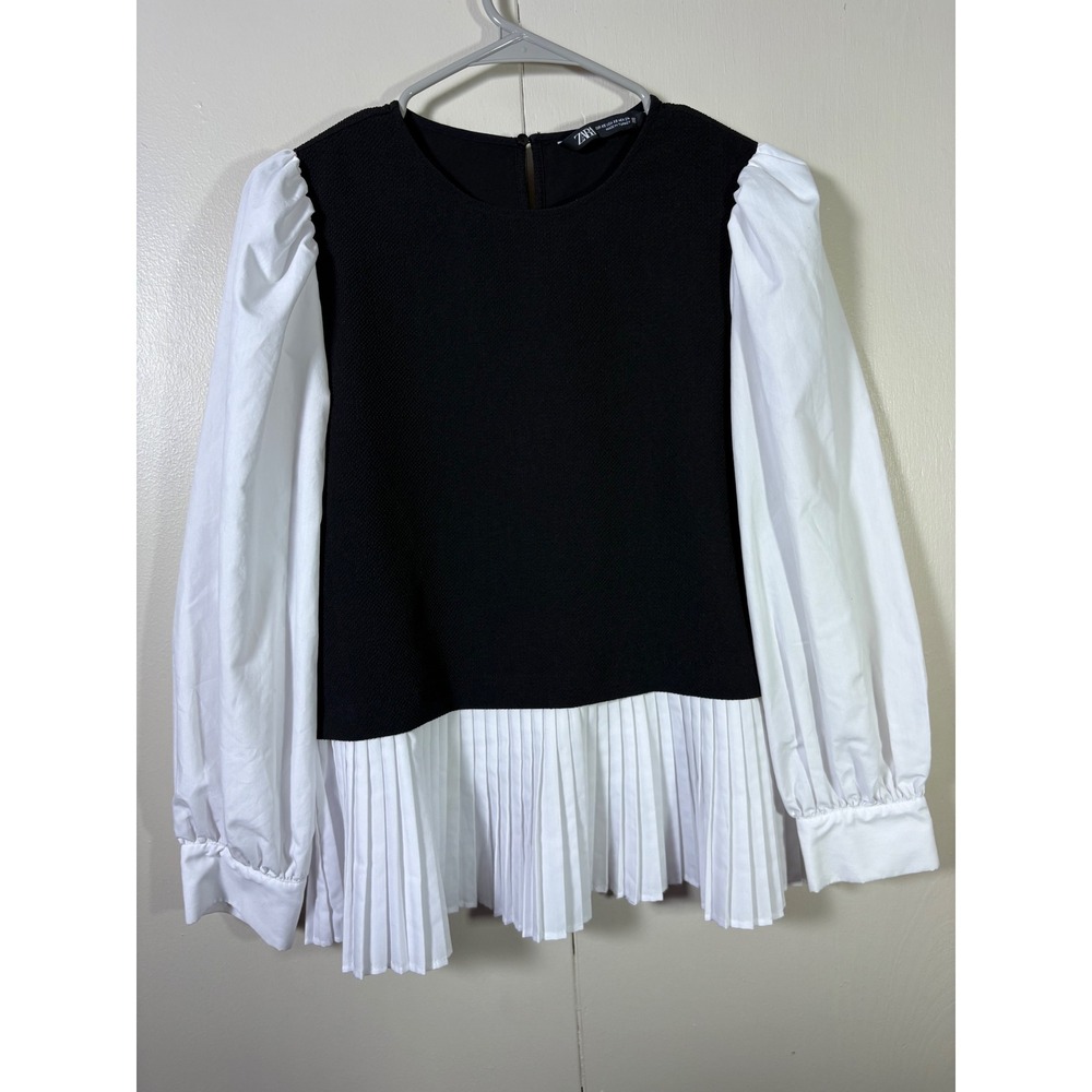 Zara XS Black White Mixed Media Pleated Top Preppy Mod Blair Waldorf Academia